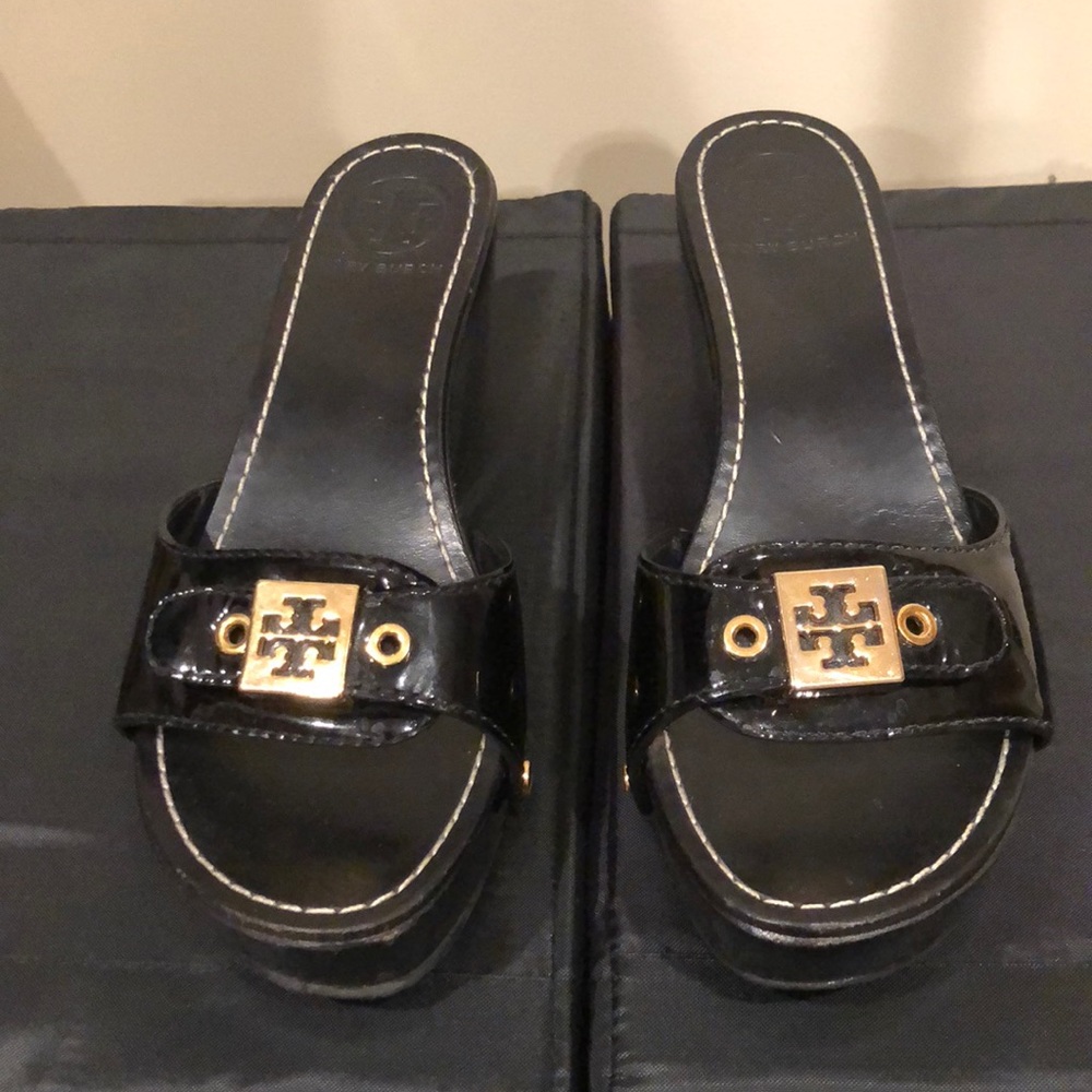 Tory Burch black patent leather wedges.